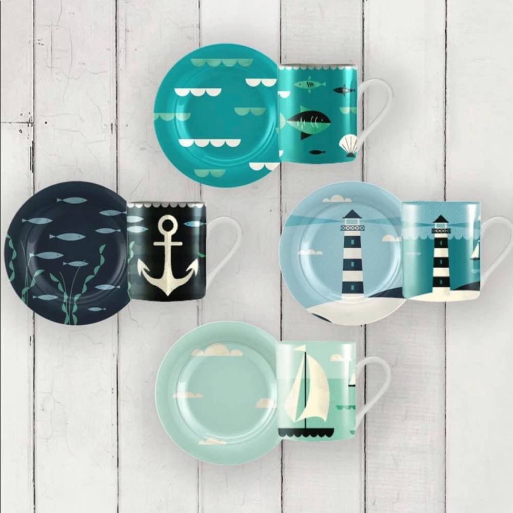 Magpie Ahoy! Espresso cups and Plates, Set of 4